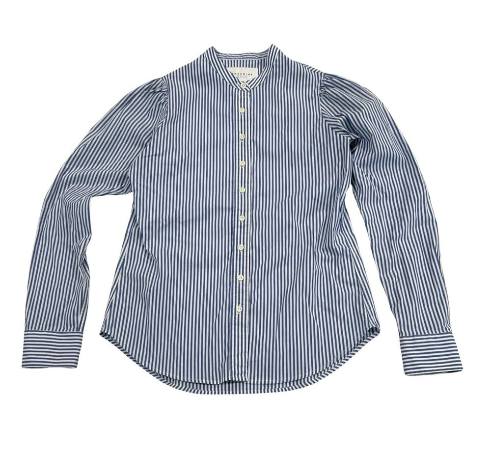 The Shirt Rochelle Behrens Size XS Blue Striped Cotton Blens Long Sleeve Button